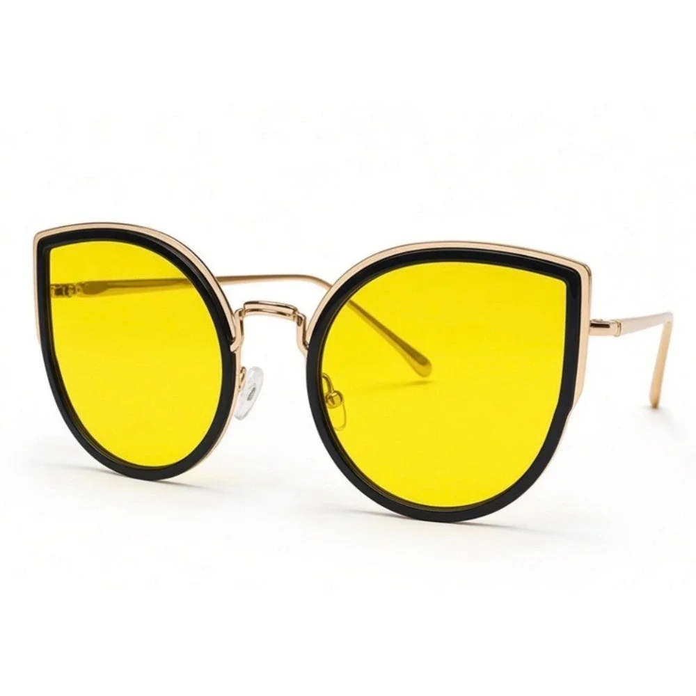Womens Oversized Cat Eye Sunglasses Yellow Tinted Lens Gold Black Retro Frames